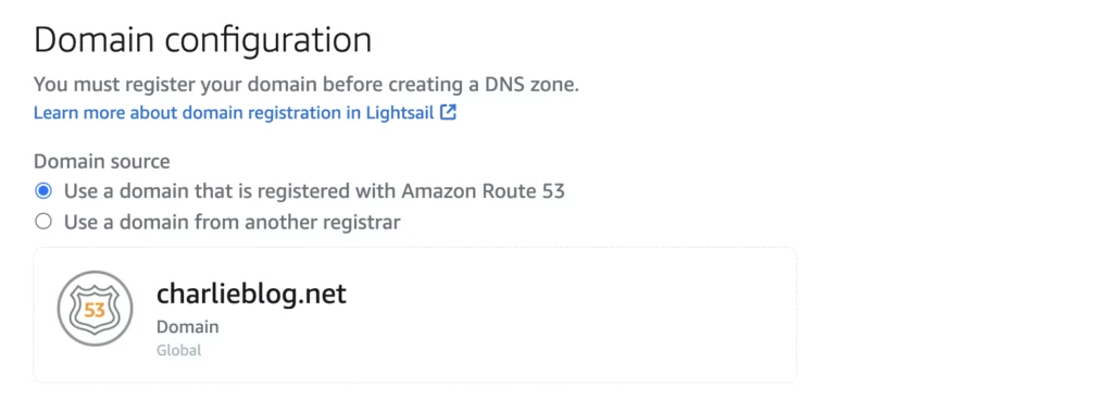 domain configuration after selecting registered domain